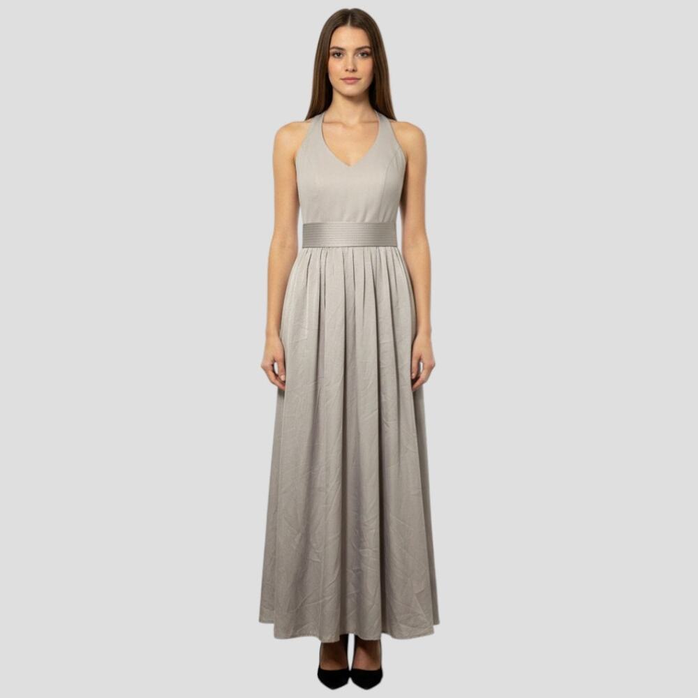 WHITE by VERA WANG Bridesmaid Silver Halter Maxi Dress Slit Size 2 Bow Details